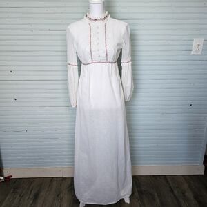 Vintage Bridal Prom White Pink Flower Victorian Ruffle Empire Waist Gown Size XS